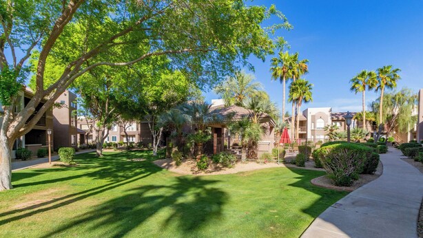 A well-maintained courtyard with a lawn, palm trees, and a pathway leading to a building with a tiled roof. - Cordillera Condo: Pools, Hot Tubs & Racquetball | Patio Retreat (Phoenix)