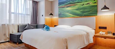 A bedroom with a large bed, a nightstand, a desk, a chair, a window with curtains, and a painting of a landscape.