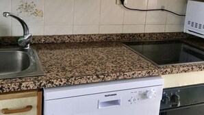 Cozinha com bancadas de granito, pia de aço inoxidável, lava-louças embutida e micro-ondas.