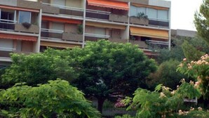 Een meerhoog gebouw met balkons, omringd door groen en bomen.