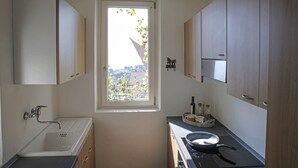 Een kleine keuken met raam, spoelbak, fornuis en houten keukenkastjes.