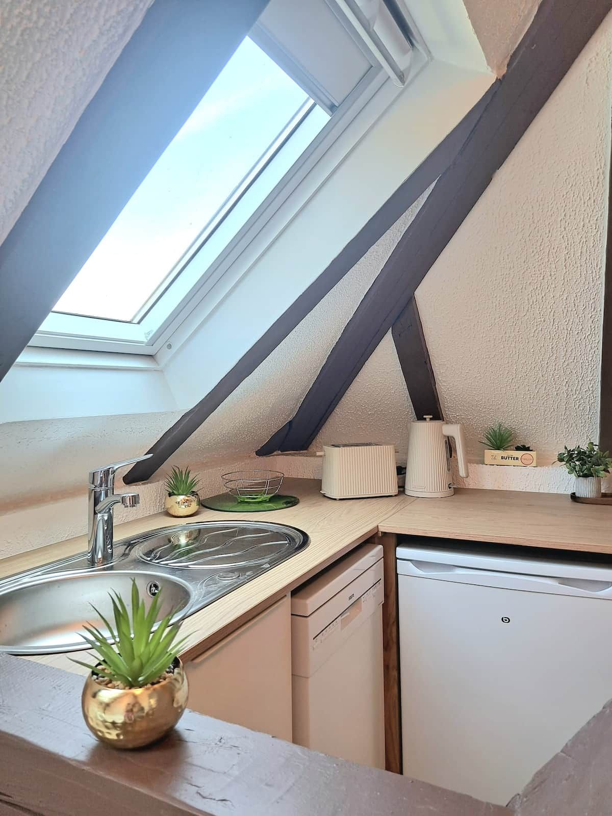 A kitchen with a skylight, a sink, a toaster, and a small refrigerator.