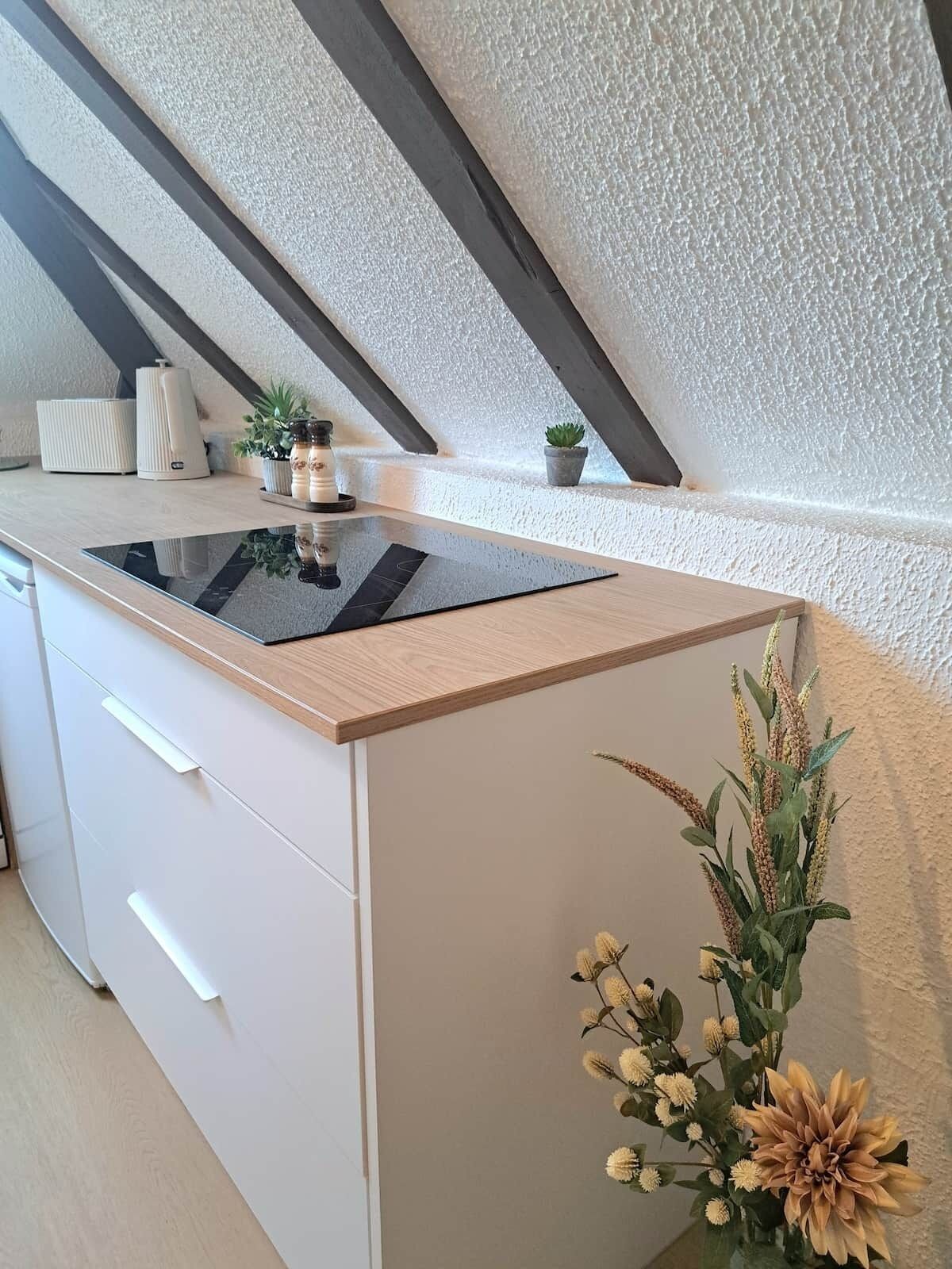 Eine Küche mit modernem Design, mit schwarzer Arbeitsplatte, weißen Schränken und einem kleinen Topfpflanzen.