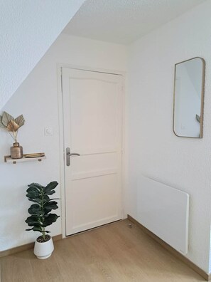 En vit dörr med ett handtag, en liten hylla med dekorativa föremål, en krukväxt och en spegel som hänger på väggen.