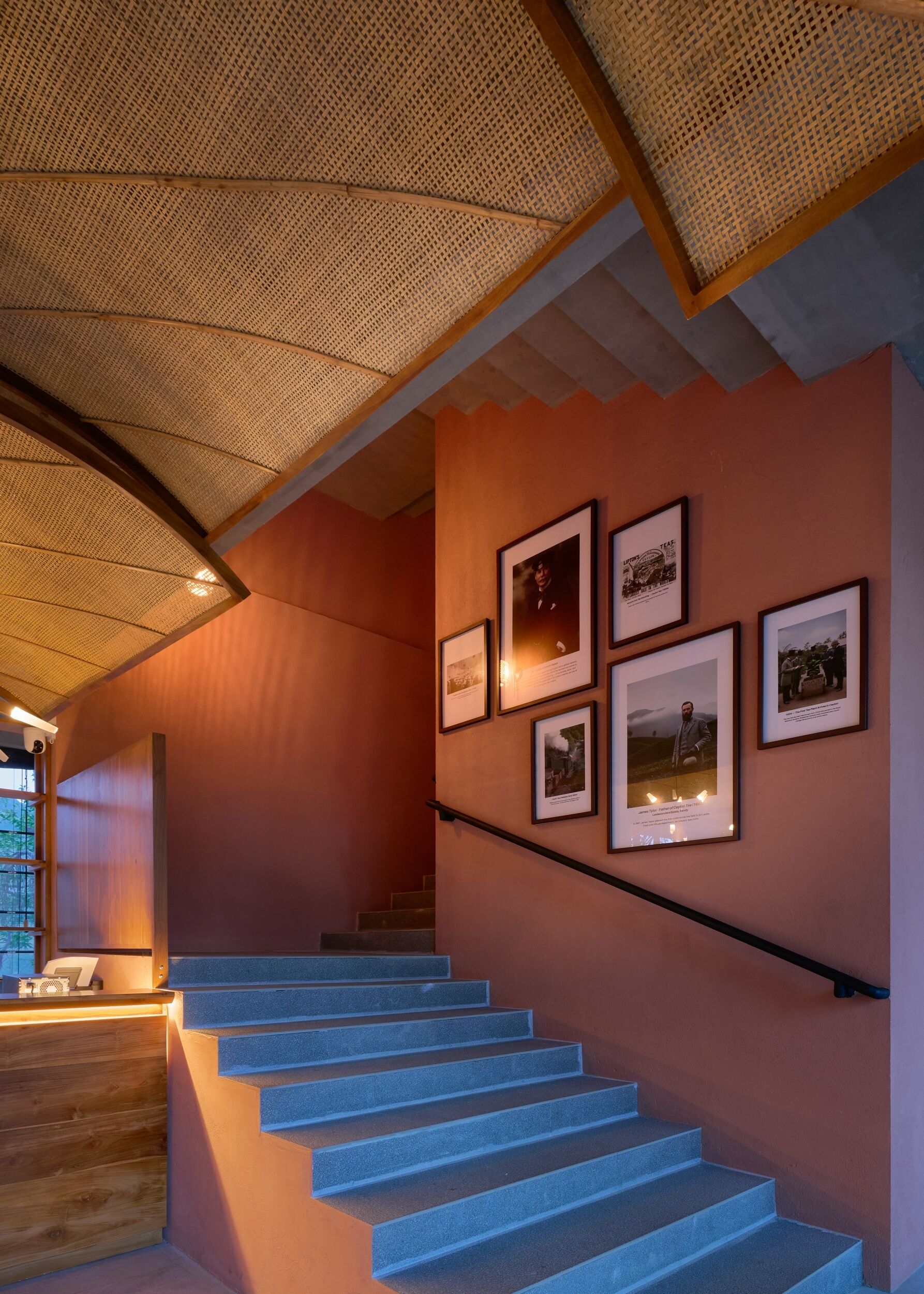 A staircase with blue steps leading to a lower level, framed photographs on the wall, and a wooden structure with a woven ceiling.