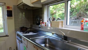 A kitchen with a double sink, a stove, and cabinets.