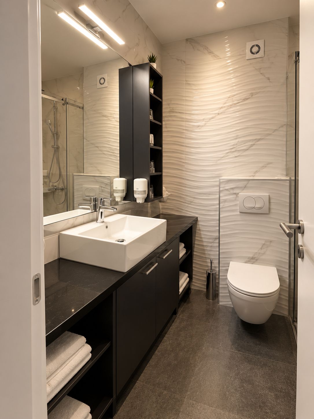 A modern bathroom with a large sink, dark cabinetry, a glass shower enclosure, and a toilet.