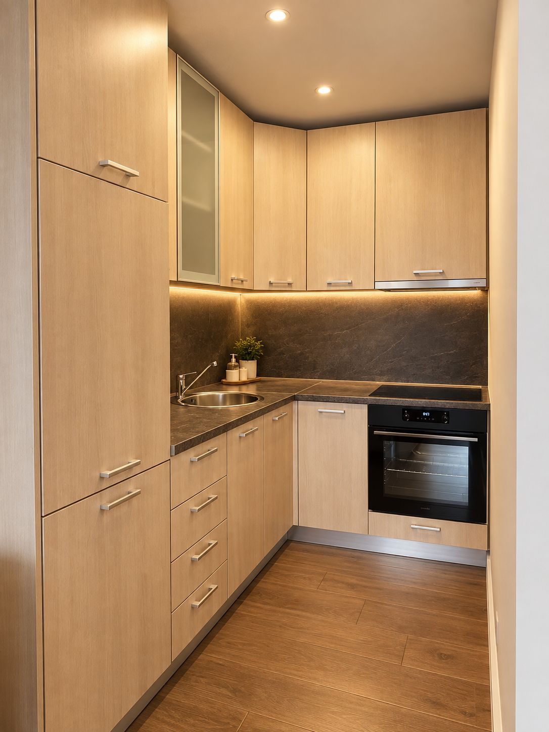 A modern kitchen with wooden cabinets, a built-in oven, and a countertop with a sink and plant.