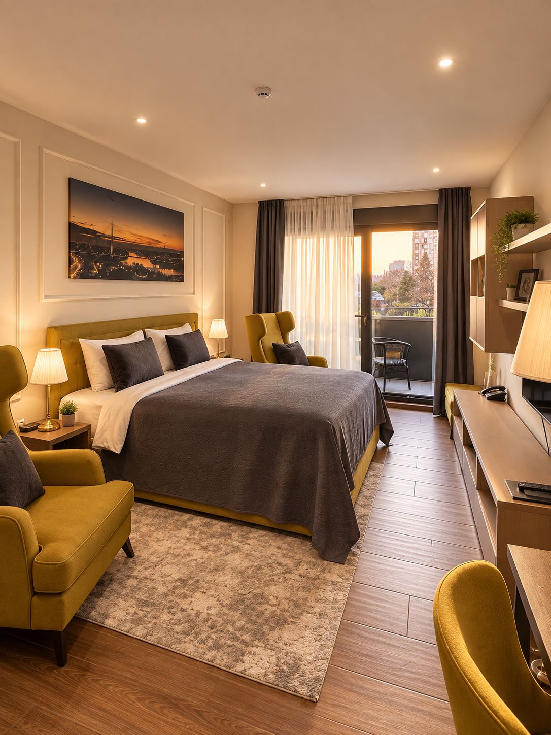Habitación de hotel con cama, dos sillones, un escritorio, una silla, ventana con cortinas, un cuadro en la pared y balcón con vistas.