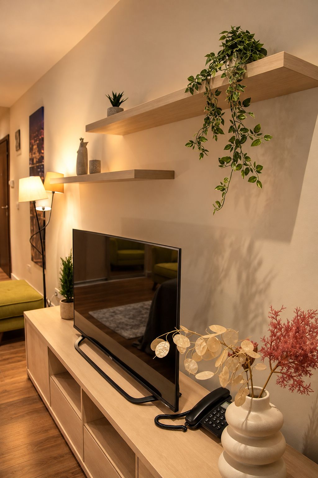 Ett modernt vardagsrum med en platt-TV placerad på en träkonsol, en hängande växt och en vas med torkade blommor.