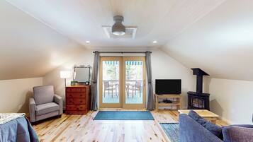 TV, fireplace, DVD player, books