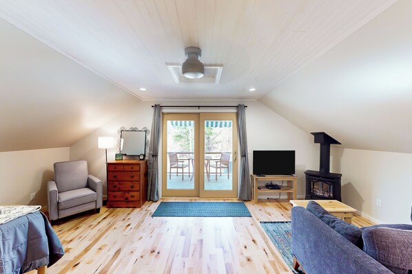 TV, fireplace, DVD player, books