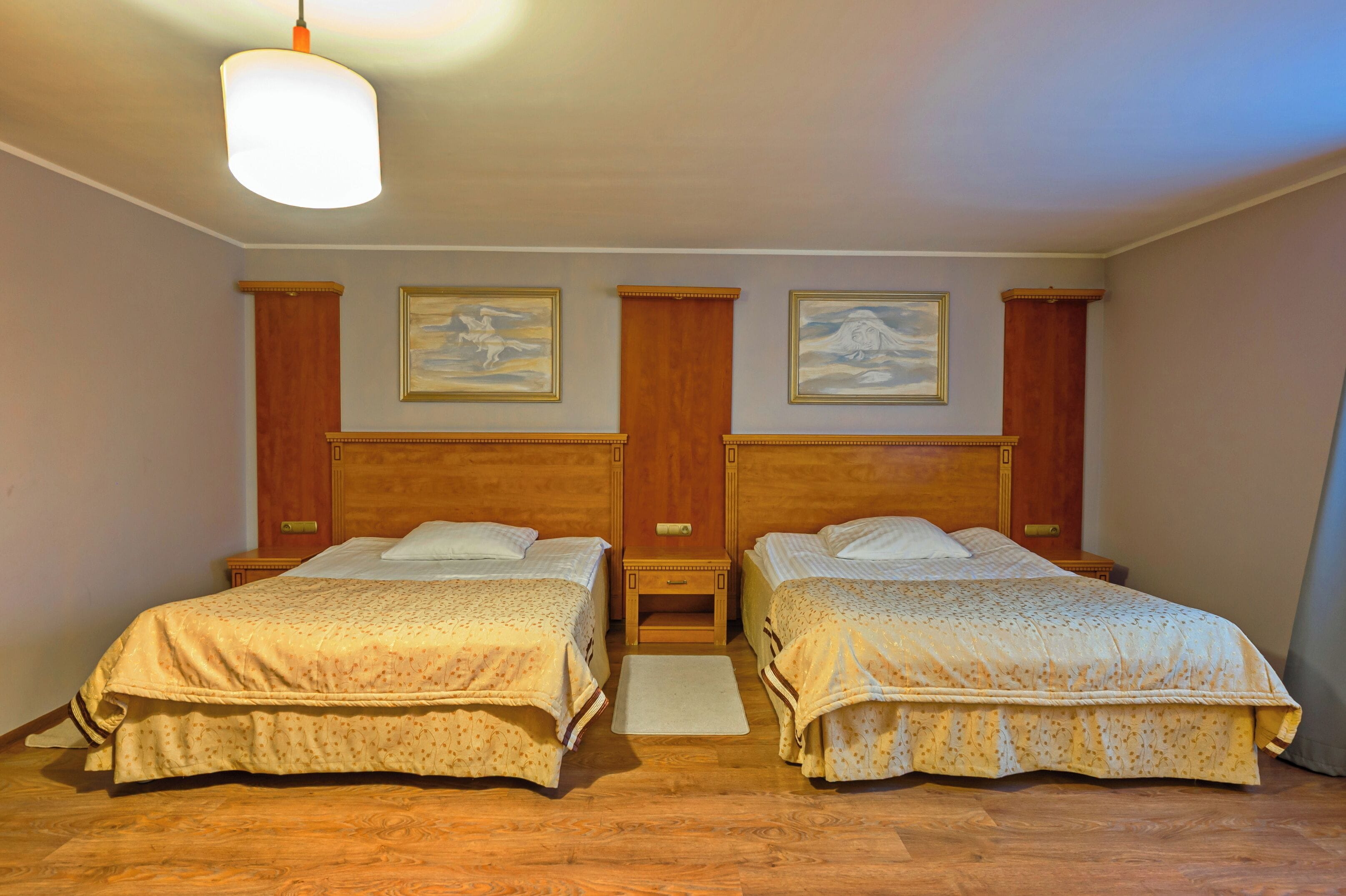 A double room with two beds, wooden headboards, and a small bedside table with a lamp.