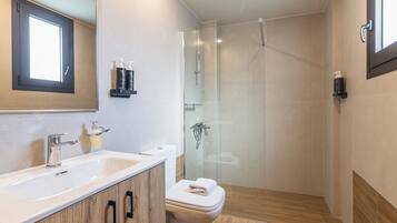 Senior Triple Room, Pool View | Bathroom | Shower, hair dryer, towels, soap