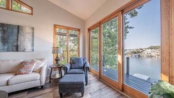 Smart TV, fireplace, books