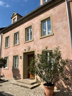 A building with a pink facade, multiple windows, a door, and a potted plant in the foreground. - Old Village House Near Trier (Wasserliesch)