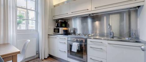 Fridge, microwave, stovetop, coffee/tea maker