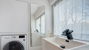 Une buanderie équipée d’un lave-linge, d’un évier et d’un miroir.
