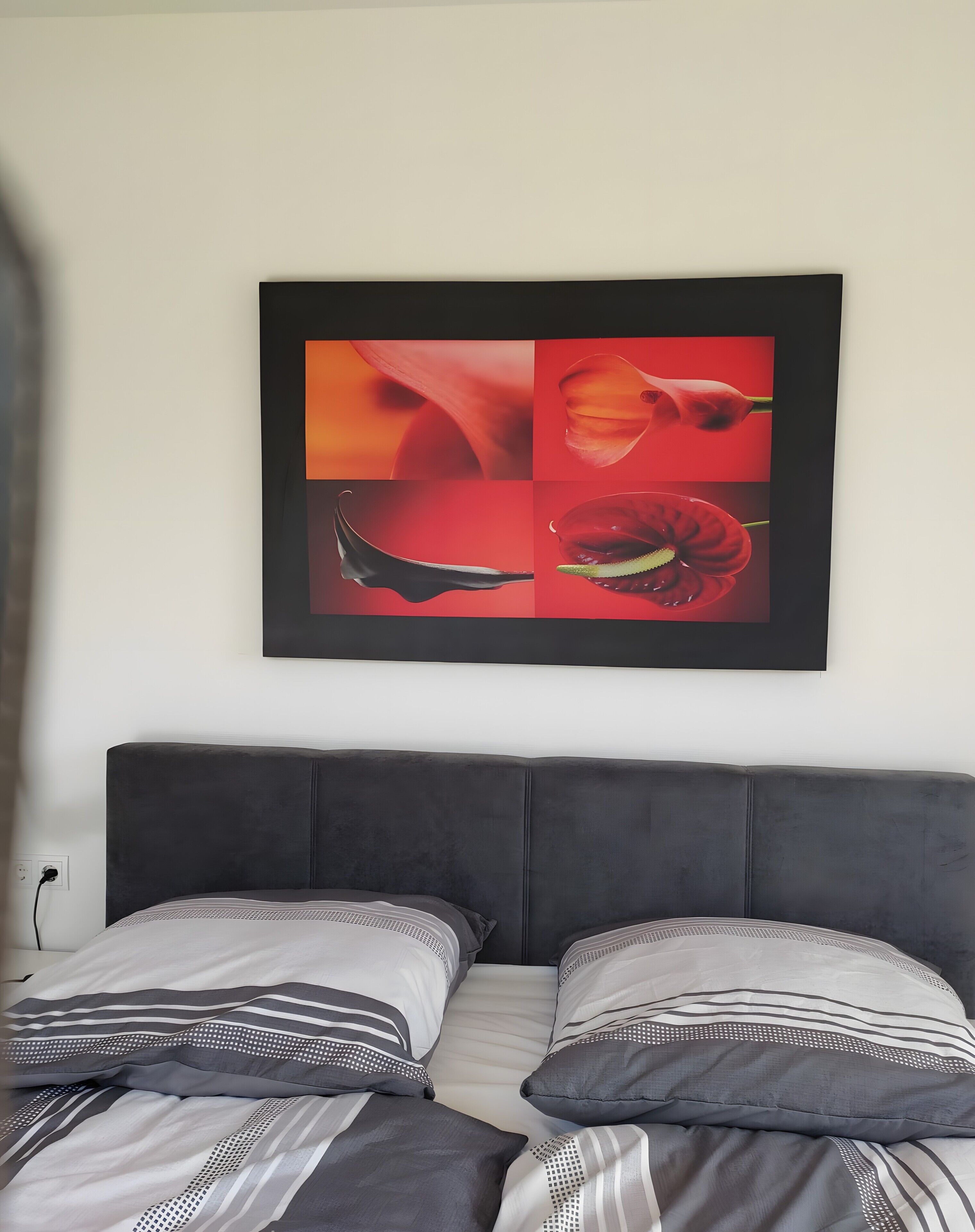 Un lit avec une literie grise et une tête de lit noire, un tableau représentant des fleurs accroché au mur et une prise électrique sur le mur.