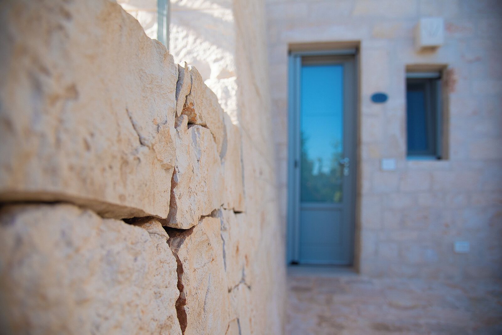 A stone wall with a visible crack and a door in the background.
