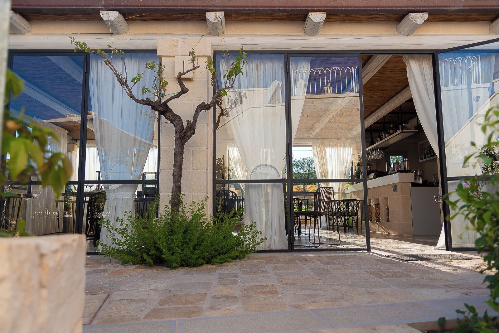 A modern building with large glass doors, a stone patio, and a small tree.