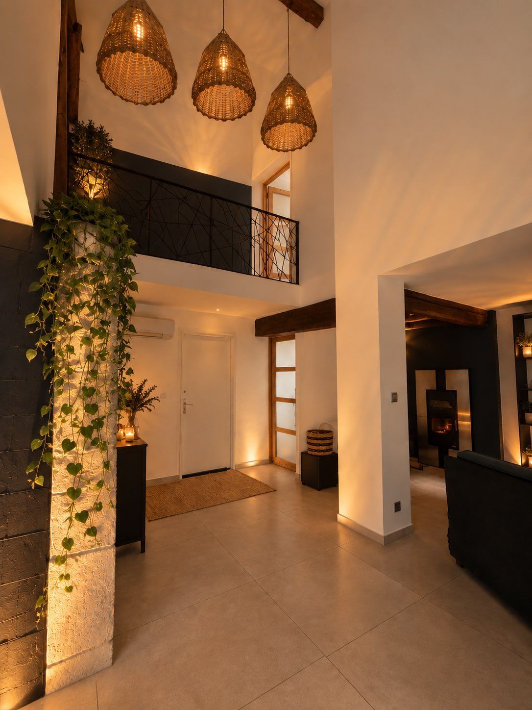 A spacious interior with a high ceiling, a staircase leading to a balcony, and a modern fireplace.