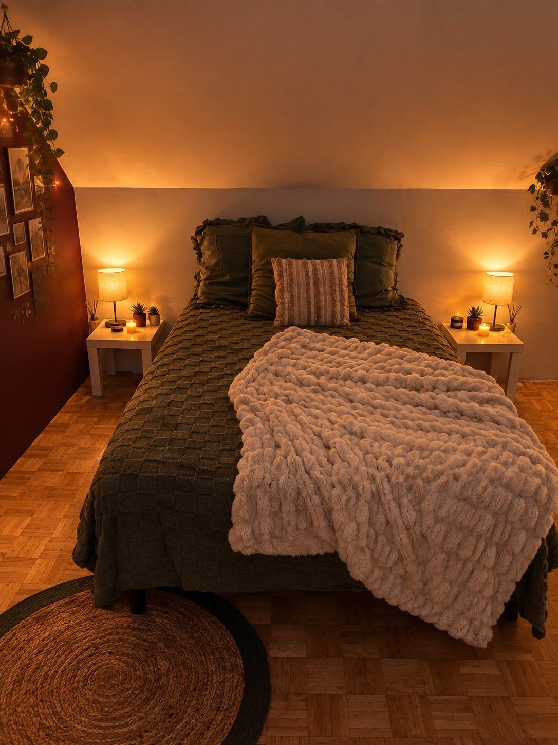 A cozy bedroom with a large bed, two bedside lamps, a fluffy throw blanket, and a woven rug.