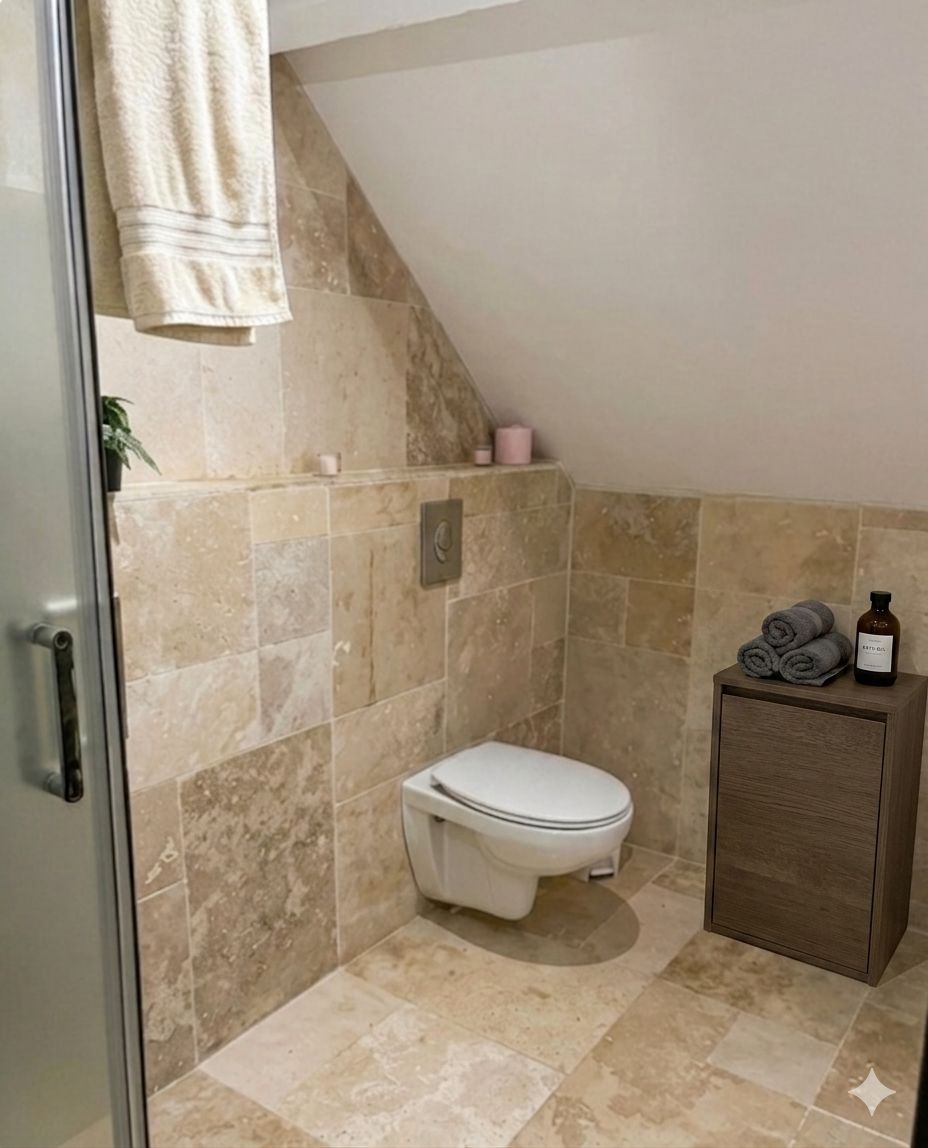 A bathroom with a toilet, a towel rack, and a small cabinet.
