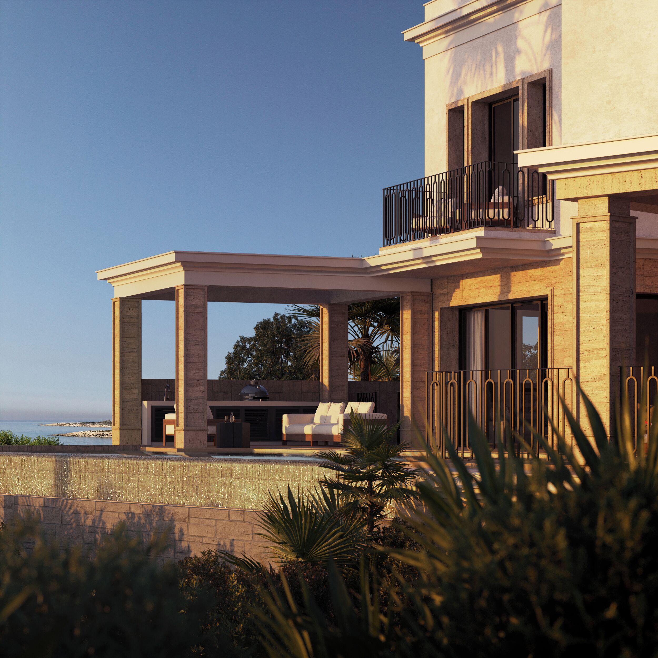 A modern house with a covered patio, a pool, and a view of the ocean.