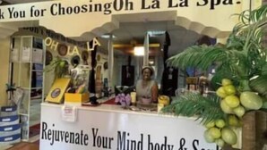 A spa counter with a sign that reads "Oh La La Spa! Rejuvenate Your Mind, body & Soul." - Sand Beach Holiday Resort (Kotu)