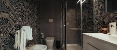 Shower, hair dryer, bidet, towels