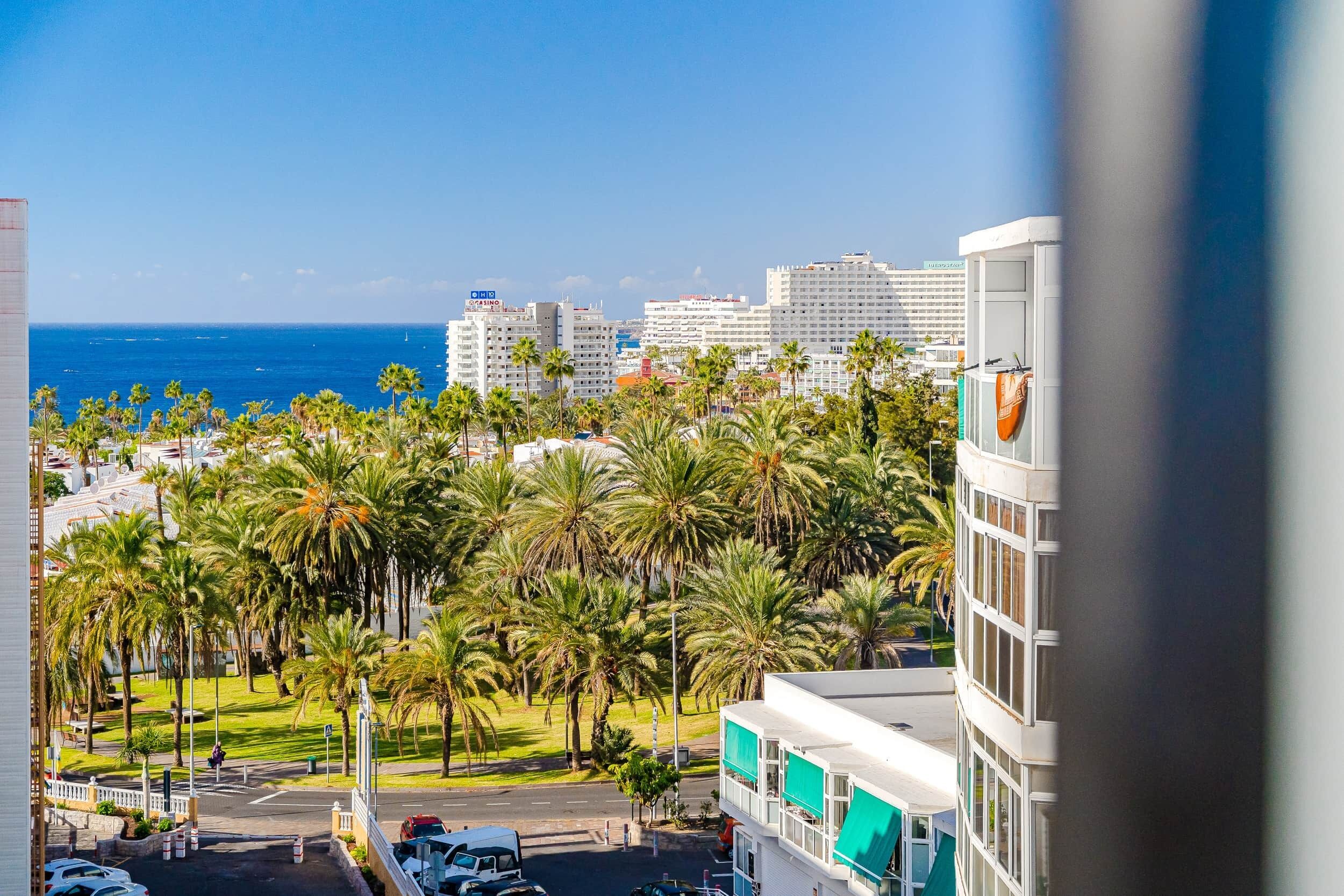 A coastal cityscape with palm trees, a clear blue sky, and modern buildings.