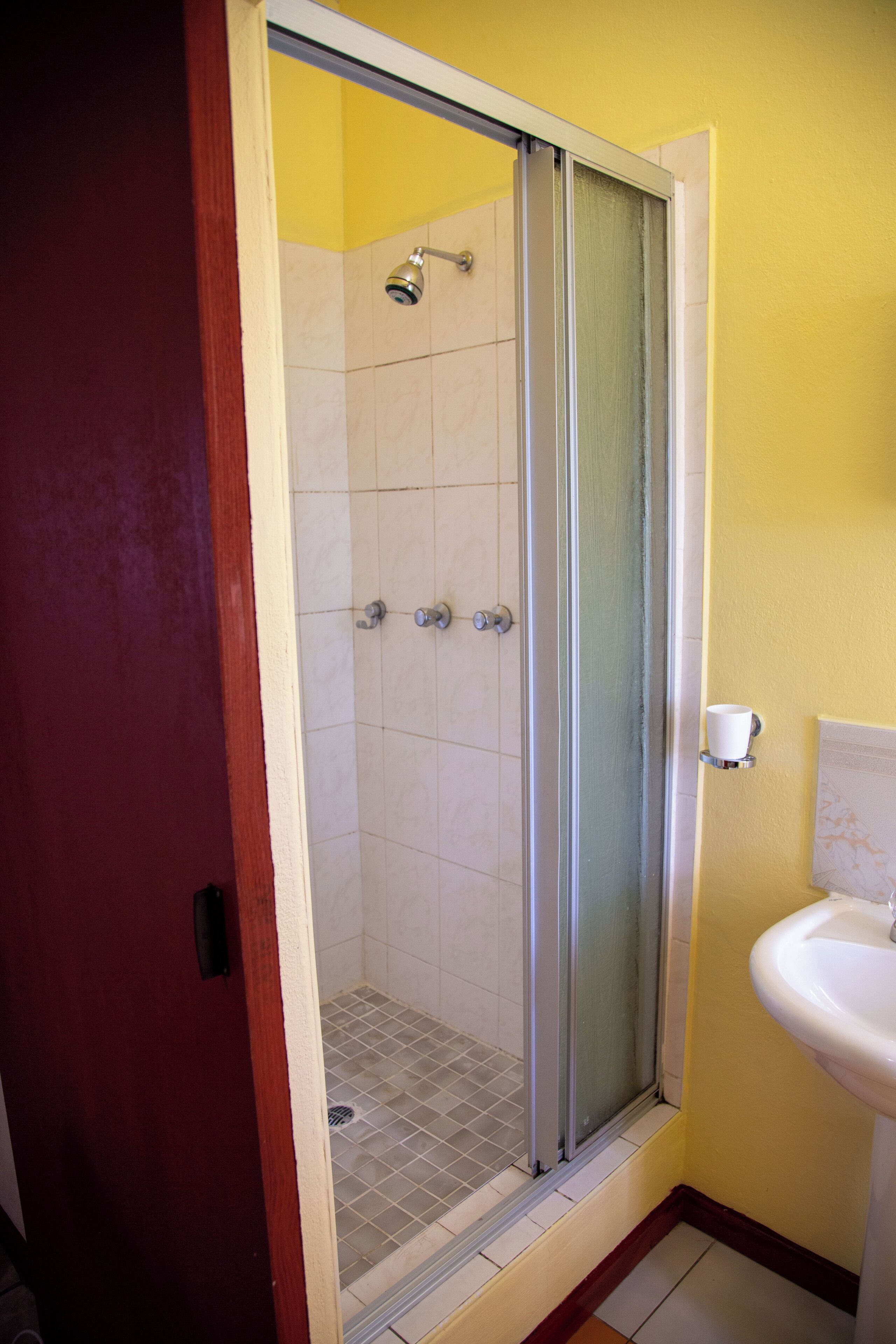 Shower, towels, soap, toilet paper