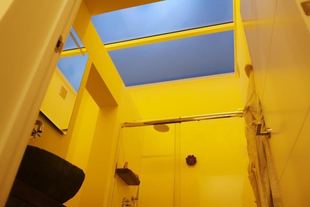 Une salle de bain avec un puits de lumière, une douche et un porte-serviettes.