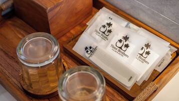 Hair dryer, towels, soap, shampoo