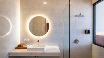 Hair dryer, towels, soap, shampoo