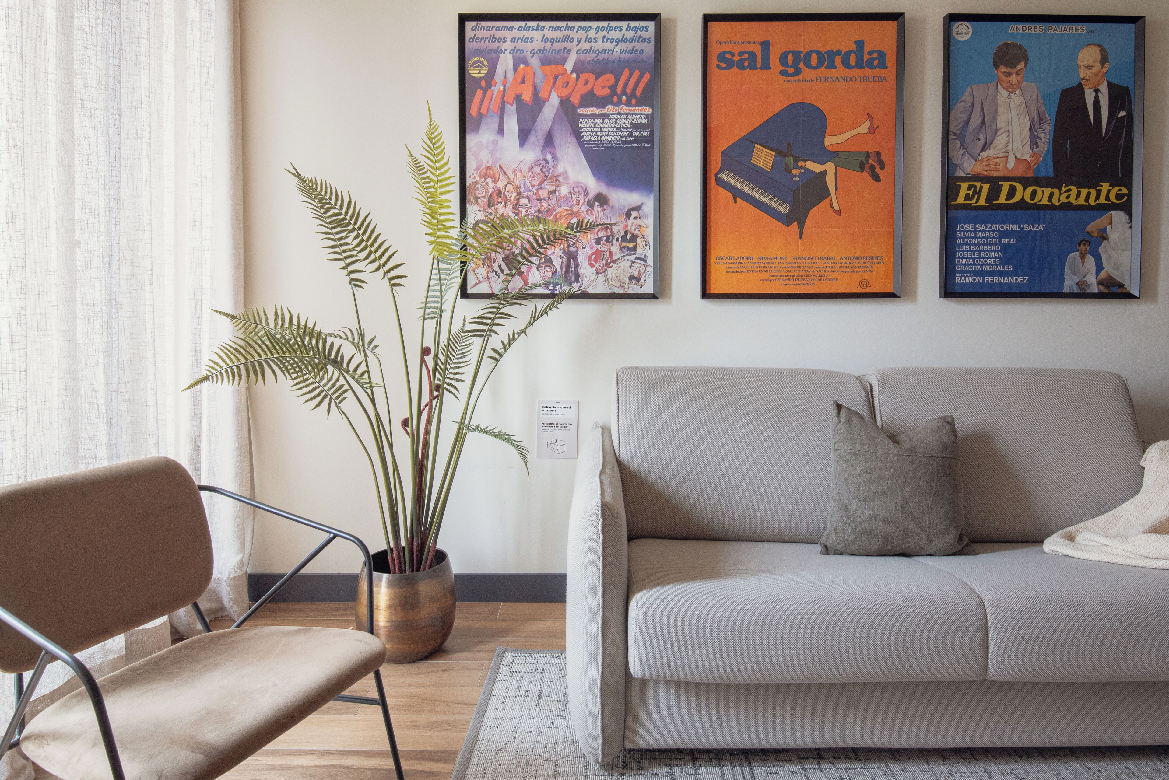 A living room with a sofa, a chair, a potted plant, and three movie posters on the wall.