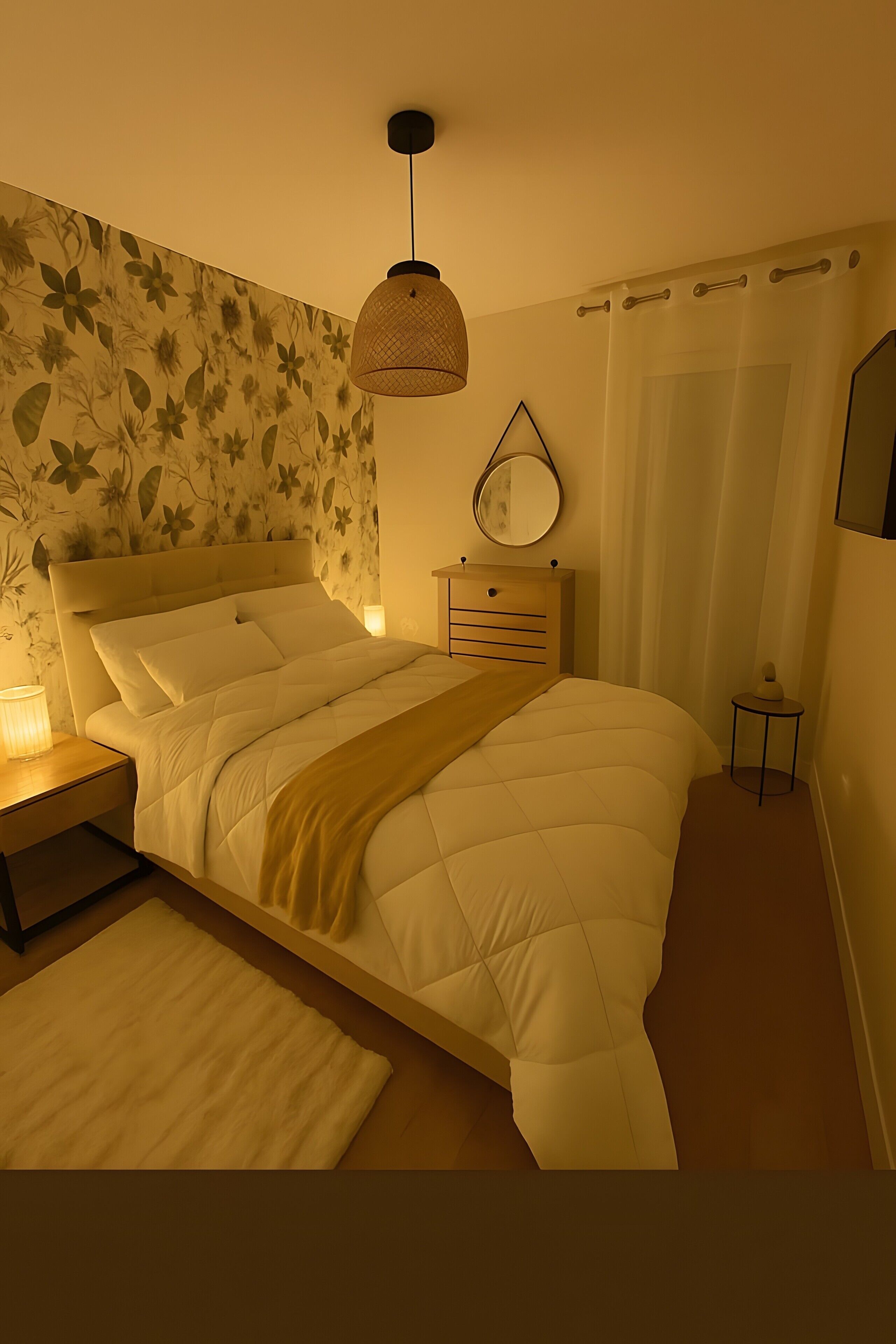 A bedroom with a bed, bedside tables, a nightstand, a lamp, a mirror, and a window with curtains.