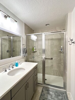 Hair dryer, towels, soap, toilet paper
