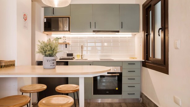 Een kleine keuken met een magnetron, oven en een potplant op het aanrecht.