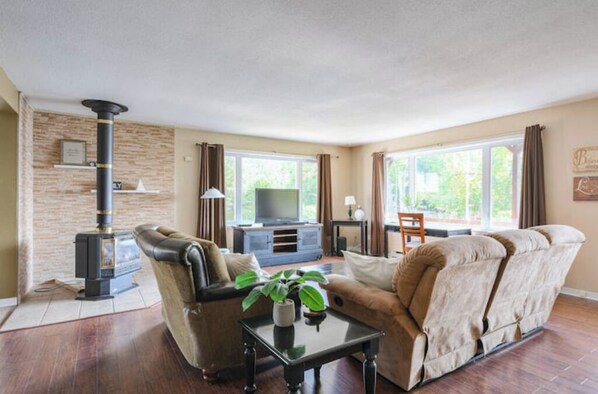 Televisión, chimenea, reproductor de DVD y futbolito 