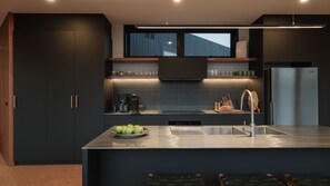 Fridge, microwave, oven, stovetop - Obliqua - colourful home of architectural angles (Skenes Creek)