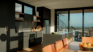 Fridge, microwave, oven, stovetop - Obliqua - colourful home of architectural angles (Skenes Creek)