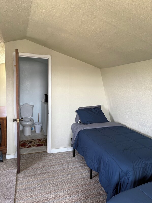 Une chambre avec un lit simple, une porte donnant sur une salle de bain et un sol recouvert de moquette.