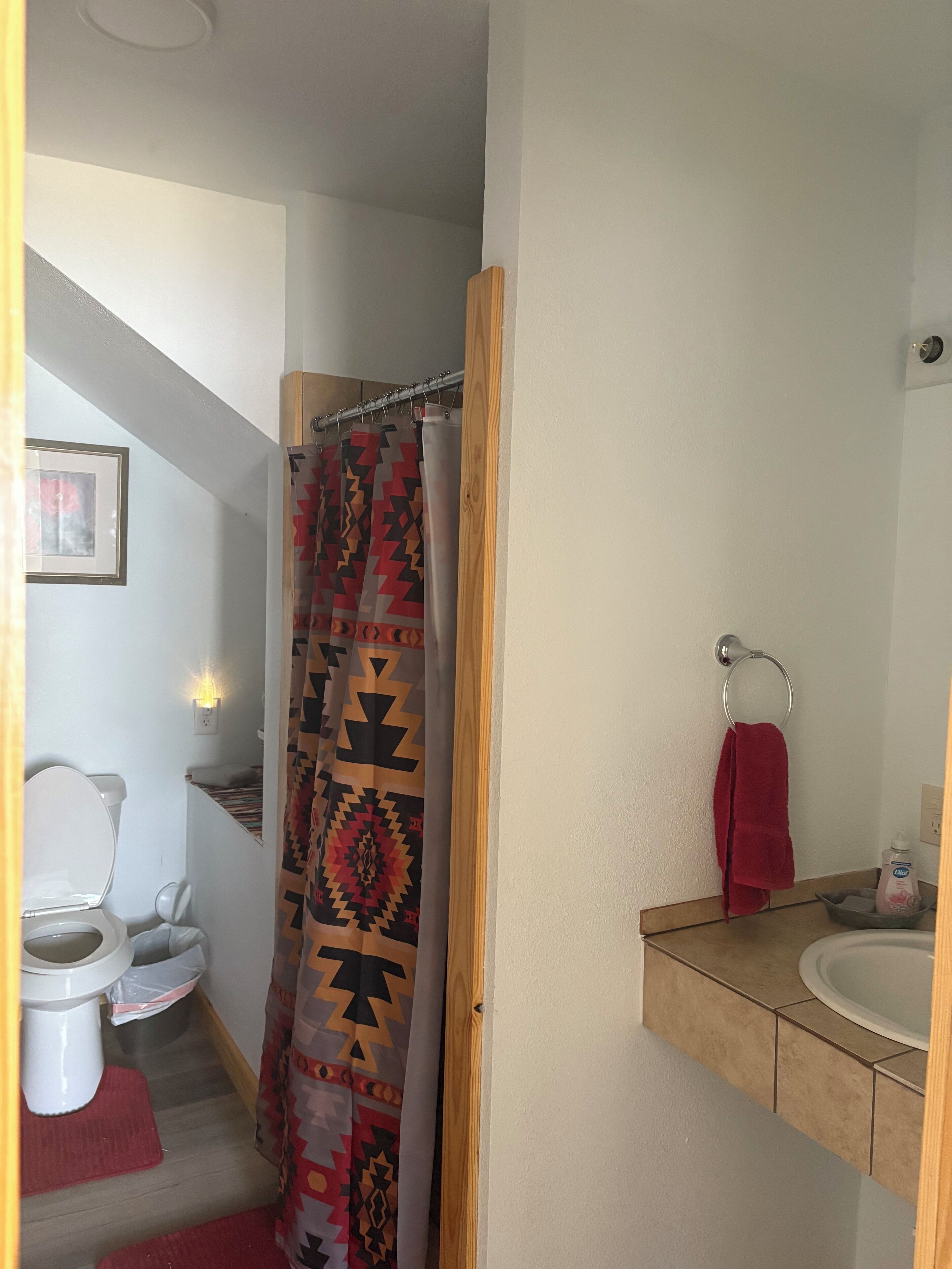 Dusch, hårtork, handdukar och tvål