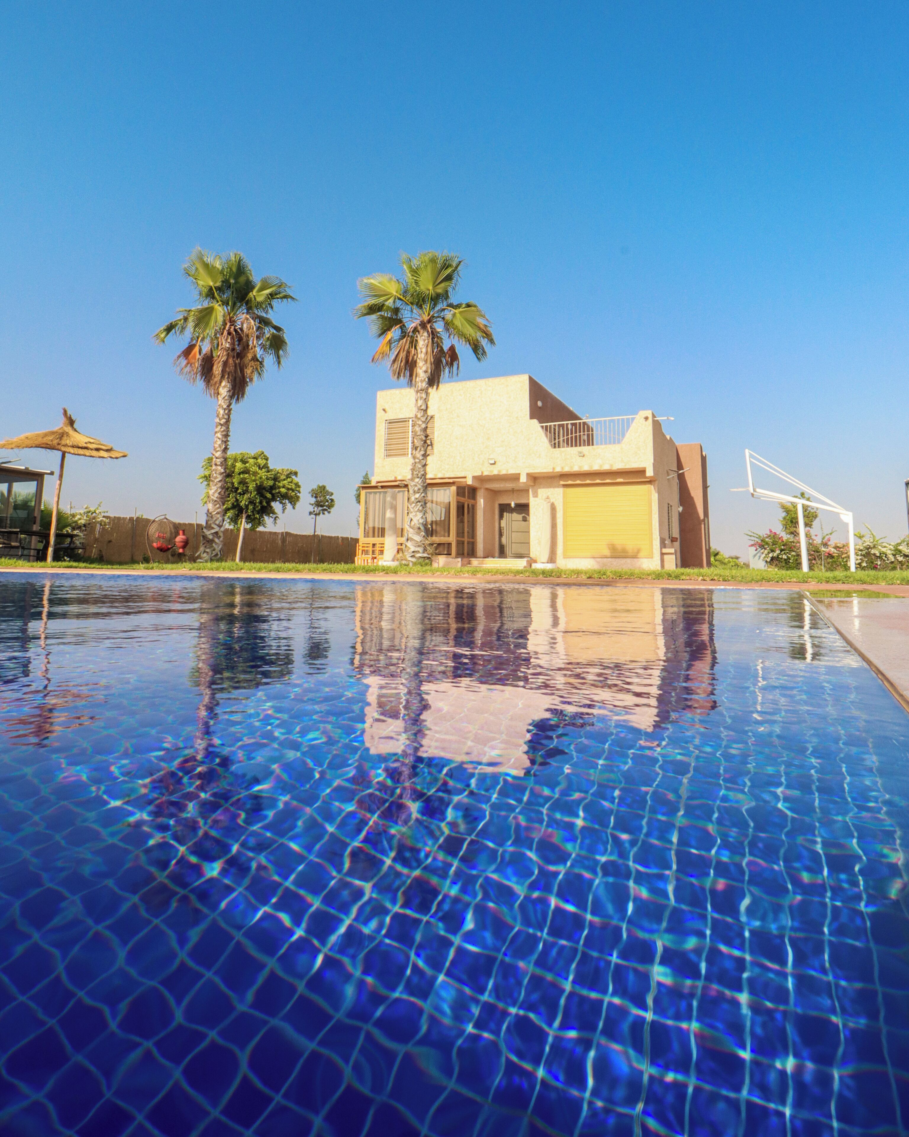 Outdoor pool, pool umbrellas, sun loungers