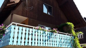 A wooden building with a balcony featuring a light blue railing and pink flowers. - Apartment '1' with Balcony and Wi-Fi (Herbolzheim)