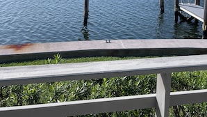 Een uitzicht op het water met een steiger die uitsteekt in kalm water, omringd door begroeiing en gebouwen in de verte.