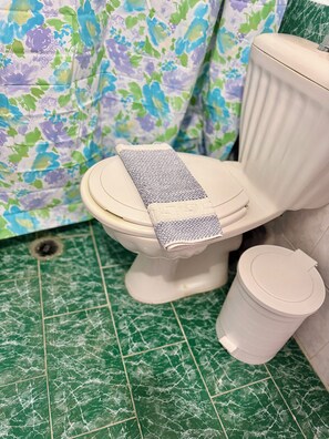 Eenvoudige tweepersoonskamer, balkon, uitzicht op de binnenplaats | Badkamer | Een douche, een haardroger, pantoffels, handdoeken