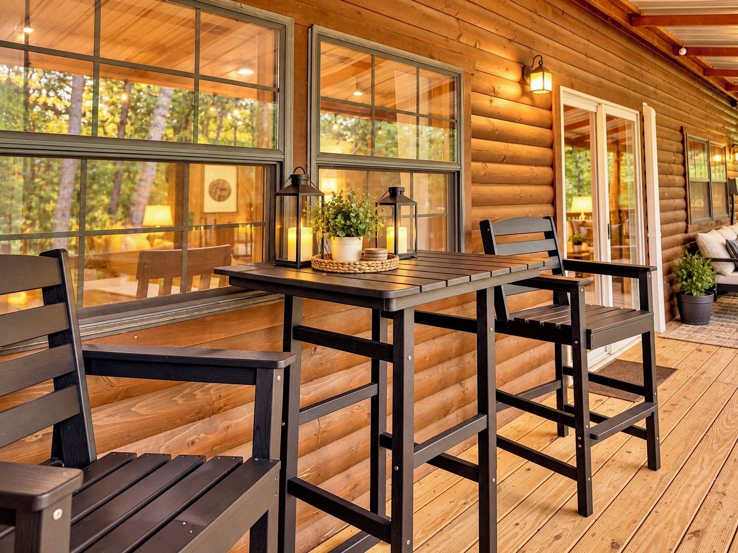 A wooden deck with a table and chairs, large windows, and a lantern with candles.